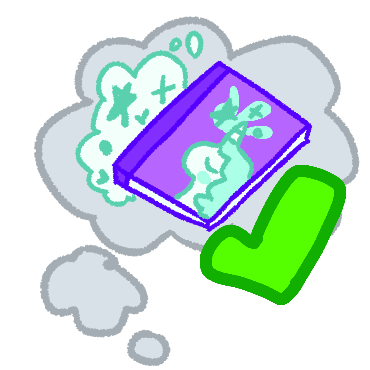 a grey thought bubble having a purple book with a white unicorn having a mint mane surrounded by white clouds filled with stars inside. In front of the thought bubble is a green checkmark